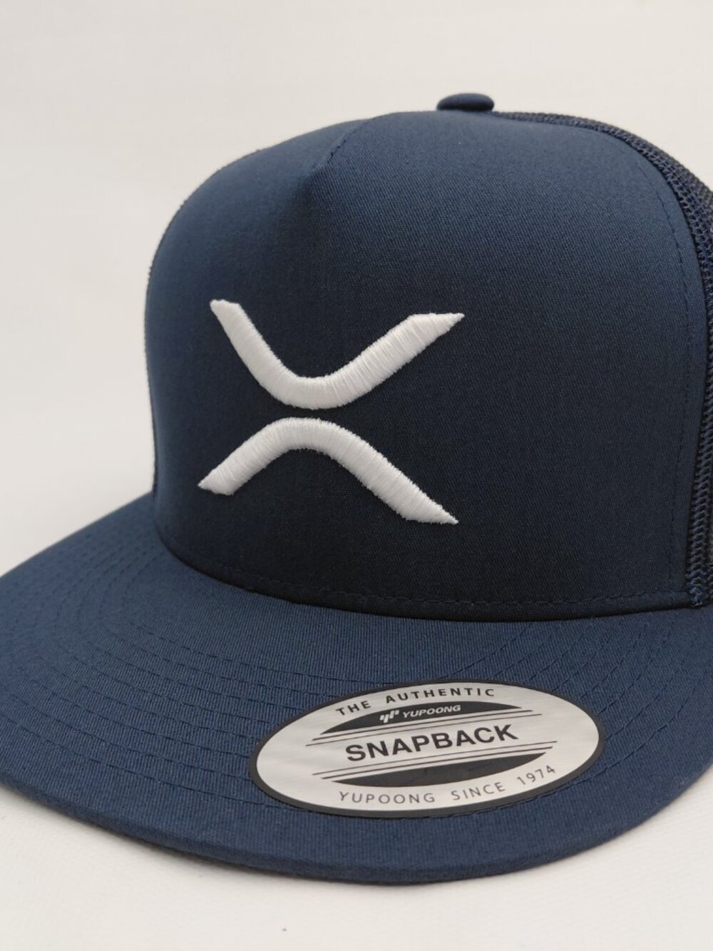 XRP Crypto Flat Bill Yupoong Snapback Hat Cap Embroidered Navy Blue